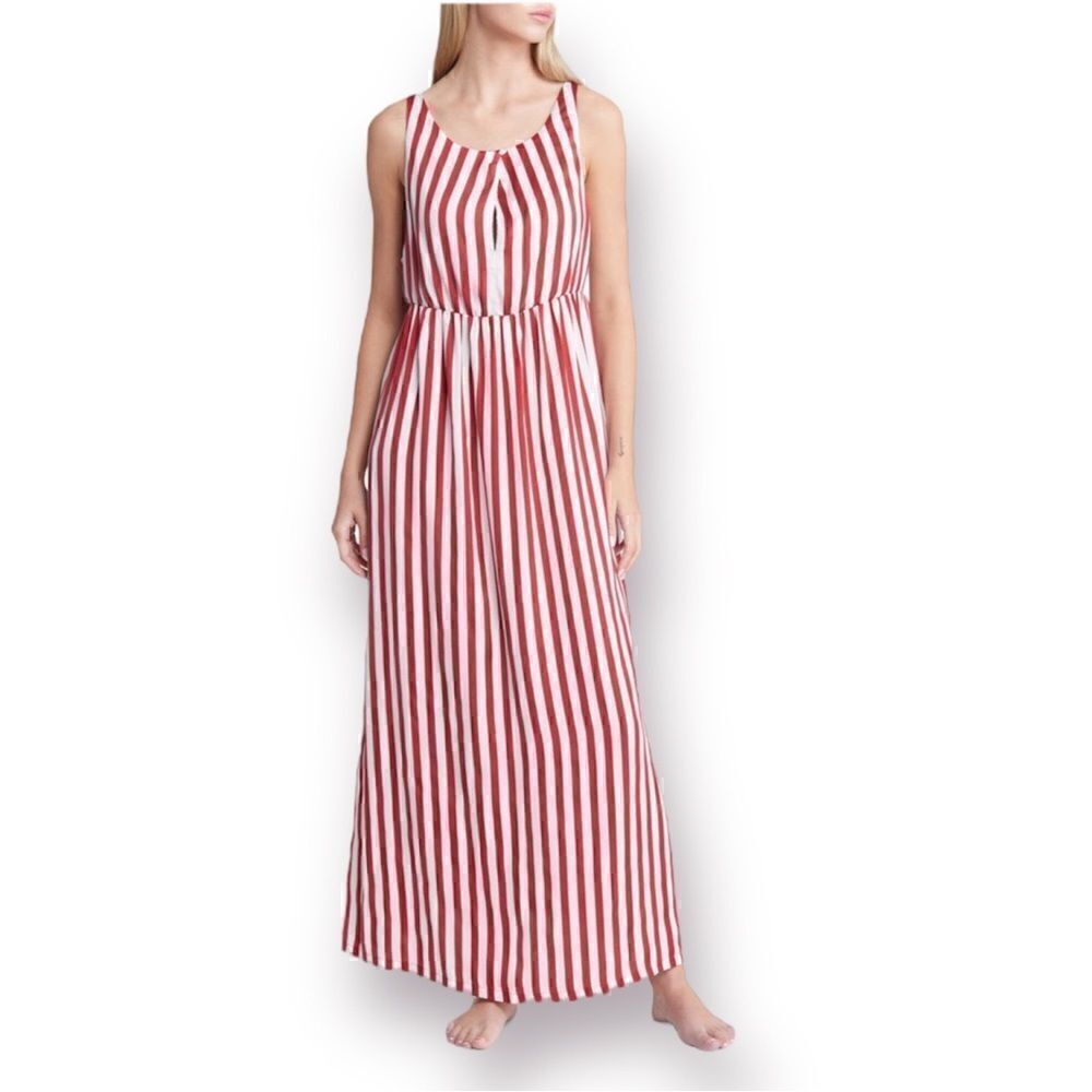 Open Edit Twist Front Satin Maxi Nightgown Cutout Recycled Red White Stripe M